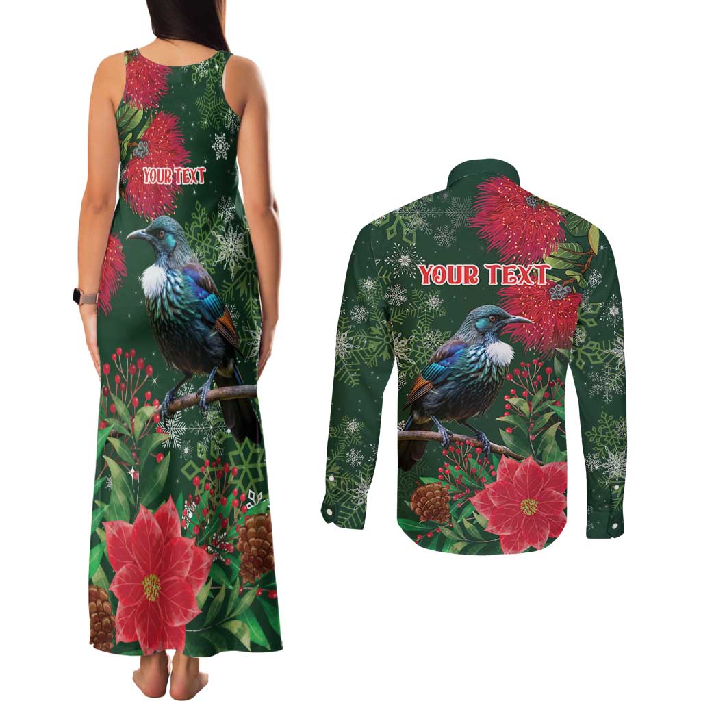 Tui Meri Kirihimete Personalised Couples Matching Tank Maxi Dress and Long Sleeve Button Shirt Pohutukawa Flowers Green Motif LT9 - Polynesian Pride