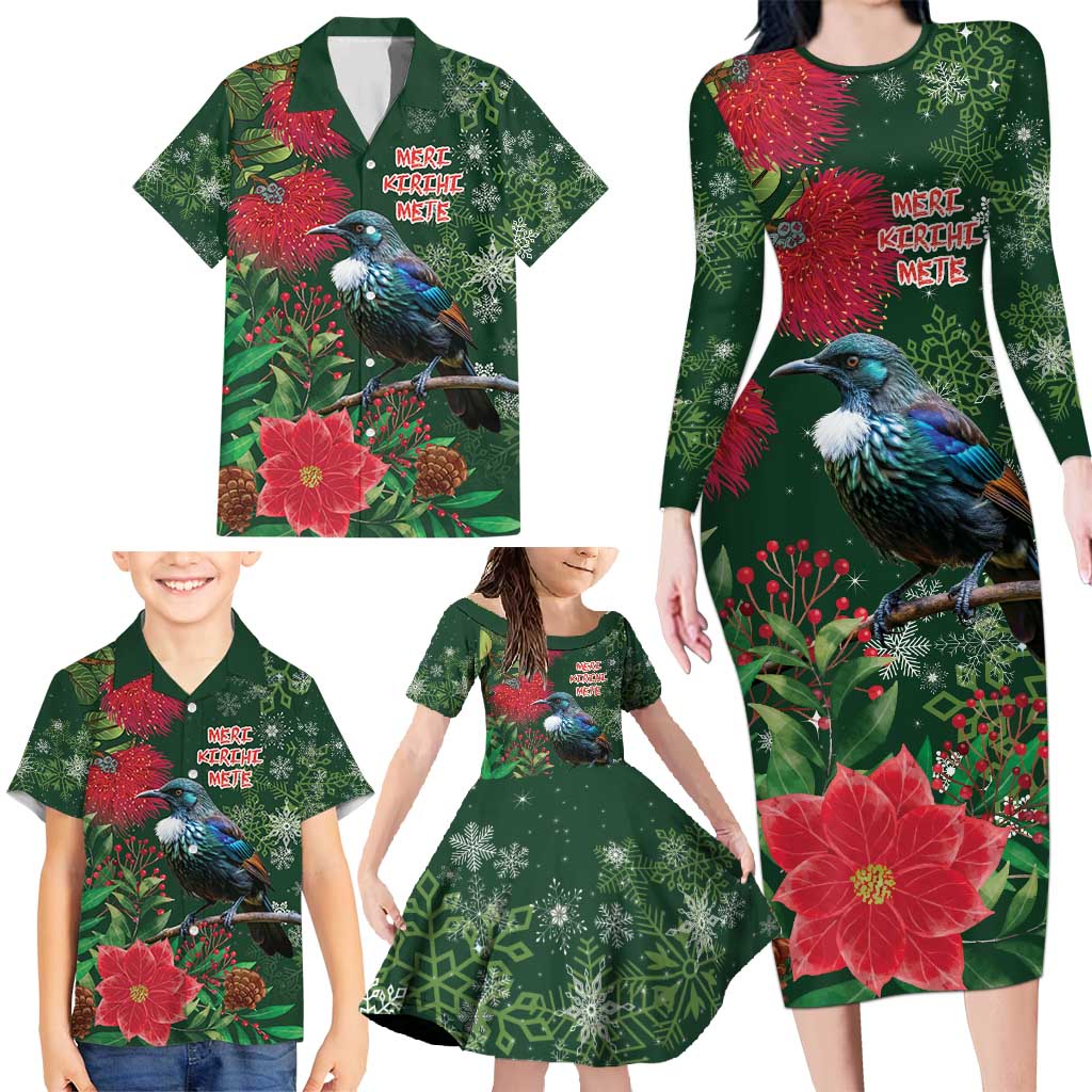 Tui Meri Kirihimete Personalised Family Matching Long Sleeve Bodycon Dress and Hawaiian Shirt Pohutukawa Flowers Green Motif LT9 - Polynesian Pride