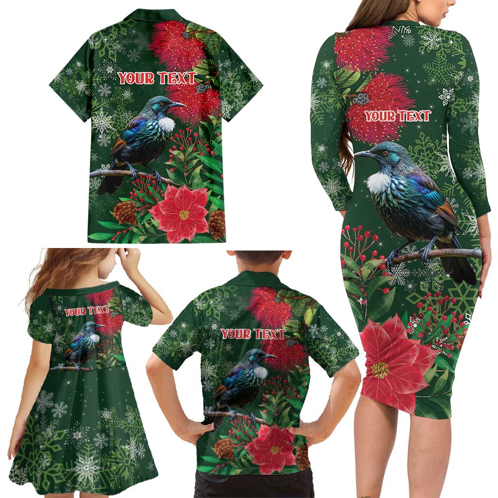Tui Meri Kirihimete Personalised Family Matching Long Sleeve Bodycon Dress and Hawaiian Shirt Pohutukawa Flowers Green Motif LT9 - Polynesian Pride