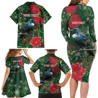 Tui Meri Kirihimete Personalised Family Matching Long Sleeve Bodycon Dress and Hawaiian Shirt Pohutukawa Flowers Green Motif LT9 - Polynesian Pride