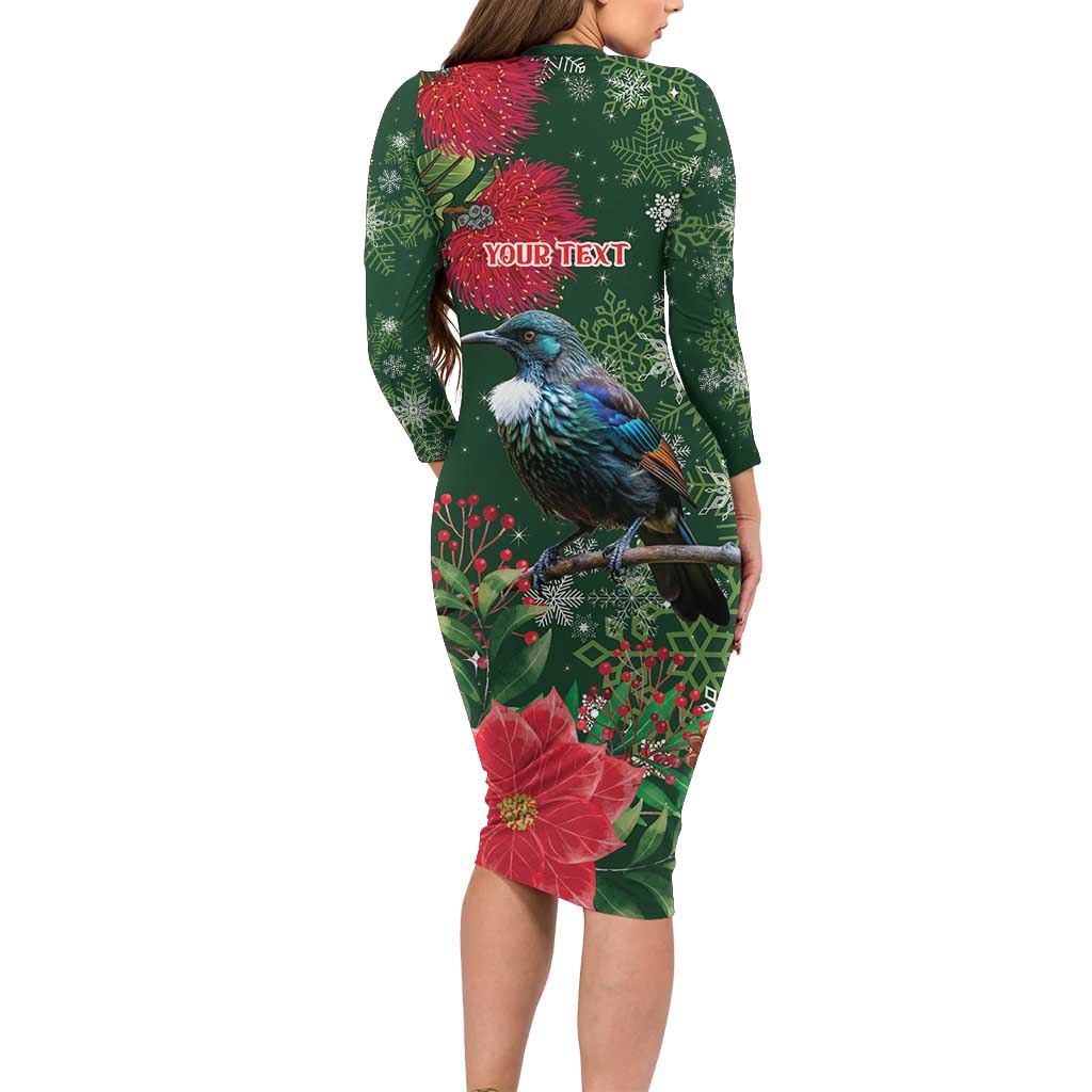 Tui Meri Kirihimete Personalised Family Matching Long Sleeve Bodycon Dress and Hawaiian Shirt Pohutukawa Flowers Green Motif LT9 - Polynesian Pride