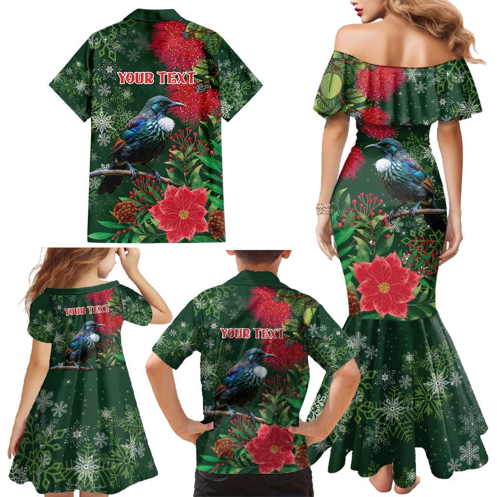 Tui Meri Kirihimete Personalised Family Matching Mermaid Dress and Hawaiian Shirt Pohutukawa Flowers Green Motif LT9 - Polynesian Pride