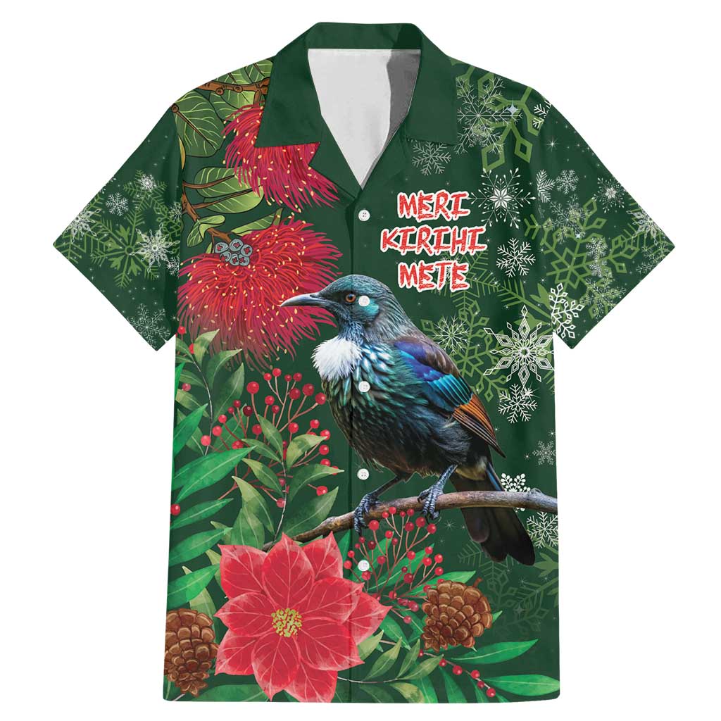 Tui Meri Kirihimete Personalised Family Matching Mermaid Dress and Hawaiian Shirt Pohutukawa Flowers Green Motif LT9 Dad's Shirt - Short Sleeve Green - Polynesian Pride