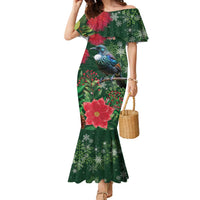 Tui Meri Kirihimete Personalised Family Matching Mermaid Dress and Hawaiian Shirt Pohutukawa Flowers Green Motif LT9 Mom's Dress Green - Polynesian Pride