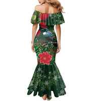 Tui Meri Kirihimete Personalised Family Matching Mermaid Dress and Hawaiian Shirt Pohutukawa Flowers Green Motif LT9 - Polynesian Pride
