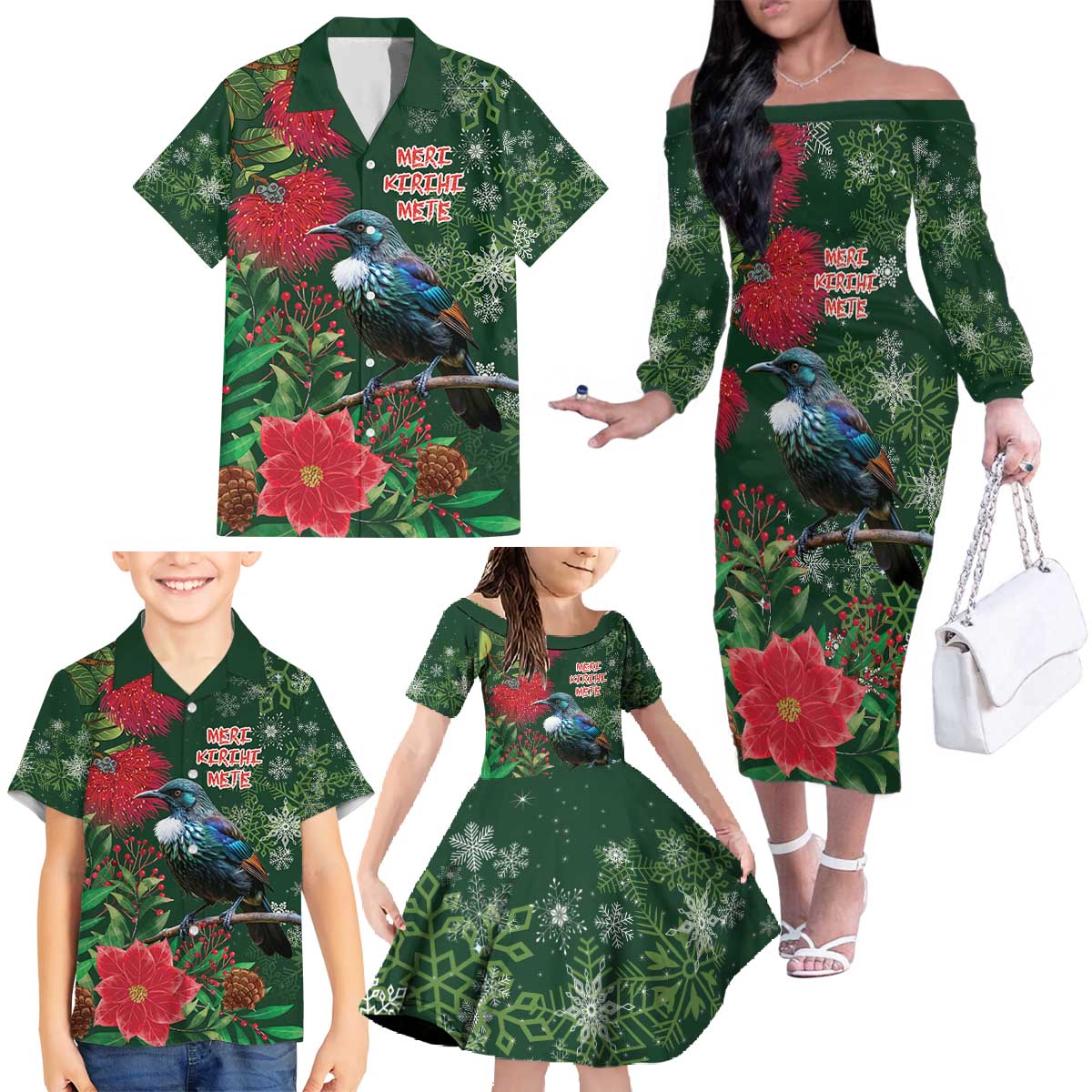 Tui Meri Kirihimete Personalised Family Matching Off The Shoulder Long Sleeve Dress and Hawaiian Shirt Pohutukawa Flowers Green Motif LT9 - Polynesian Pride