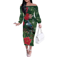 Tui Meri Kirihimete Personalised Family Matching Off The Shoulder Long Sleeve Dress and Hawaiian Shirt Pohutukawa Flowers Green Motif LT9 Mom's Dress Green - Polynesian Pride
