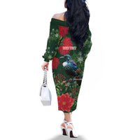 Tui Meri Kirihimete Personalised Family Matching Off The Shoulder Long Sleeve Dress and Hawaiian Shirt Pohutukawa Flowers Green Motif LT9 - Polynesian Pride