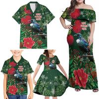 Tui Meri Kirihimete Personalised Family Matching Off Shoulder Maxi Dress and Hawaiian Shirt Pohutukawa Flowers Green Motif LT9 - Polynesian Pride