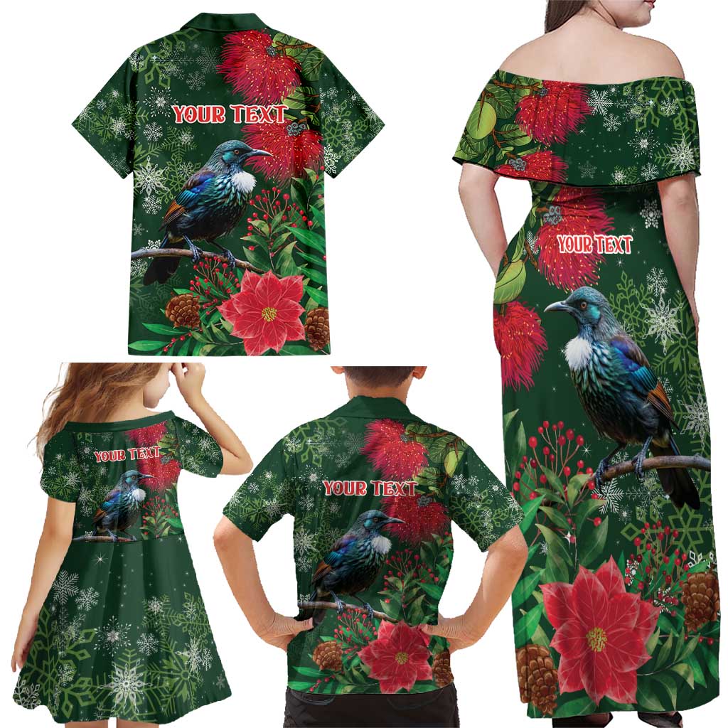 Tui Meri Kirihimete Personalised Family Matching Off Shoulder Maxi Dress and Hawaiian Shirt Pohutukawa Flowers Green Motif LT9 - Polynesian Pride