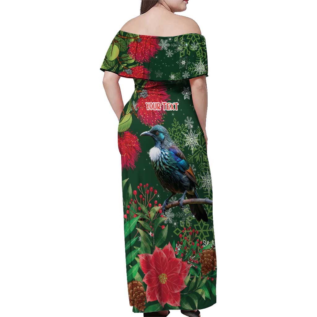 Tui Meri Kirihimete Personalised Family Matching Off Shoulder Maxi Dress and Hawaiian Shirt Pohutukawa Flowers Green Motif LT9 - Polynesian Pride