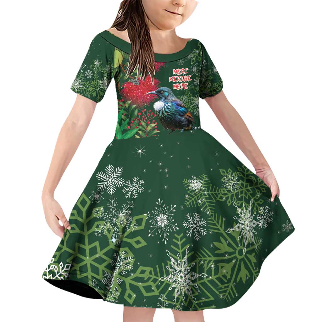 Tui Meri Kirihimete Personalised Family Matching Off Shoulder Short Dress and Hawaiian Shirt Pohutukawa Flowers Green Motif LT9 Daughter's Dress Green - Polynesian Pride