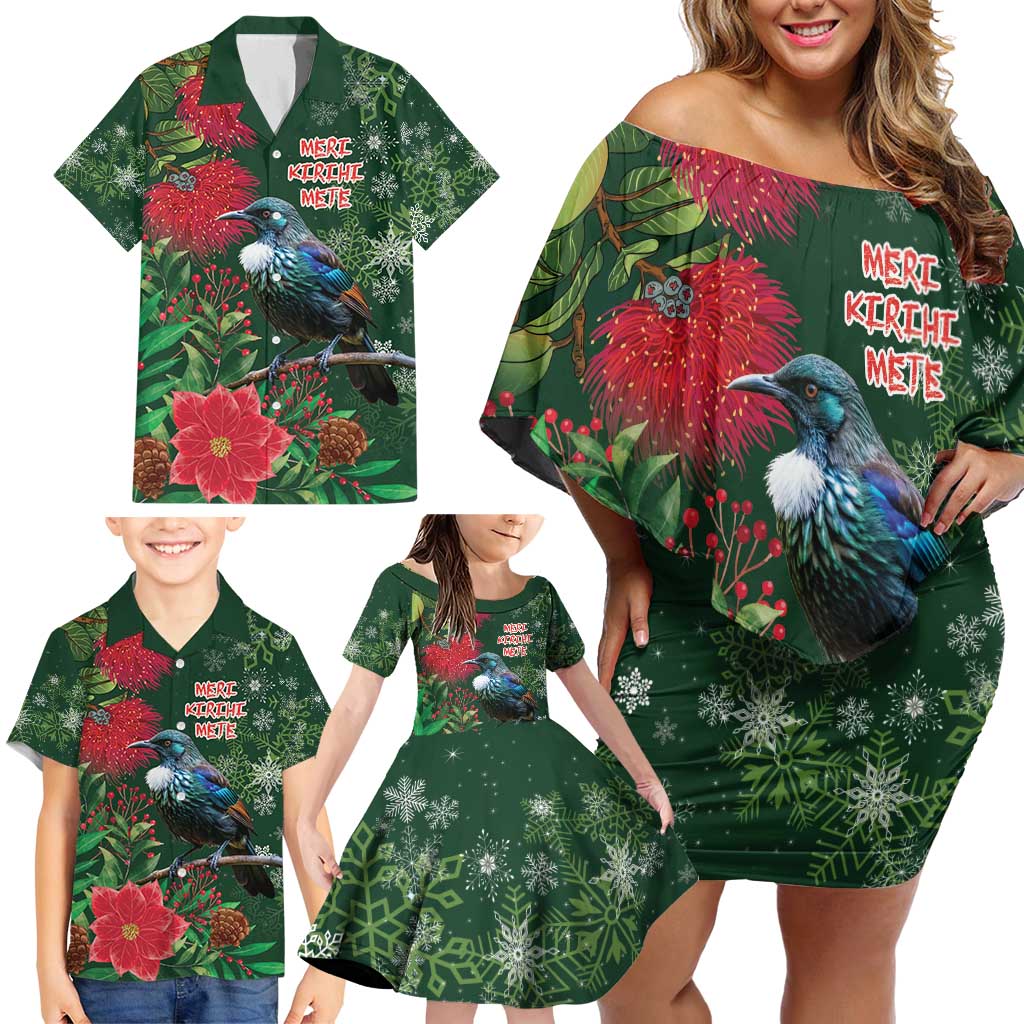 Tui Meri Kirihimete Personalised Family Matching Off Shoulder Short Dress and Hawaiian Shirt Pohutukawa Flowers Green Motif LT9 - Polynesian Pride