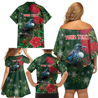 Tui Meri Kirihimete Personalised Family Matching Off Shoulder Short Dress and Hawaiian Shirt Pohutukawa Flowers Green Motif LT9 - Polynesian Pride