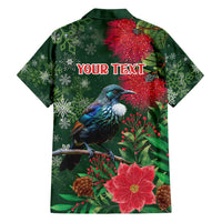 Tui Meri Kirihimete Personalised Family Matching Off Shoulder Short Dress and Hawaiian Shirt Pohutukawa Flowers Green Motif LT9 - Polynesian Pride