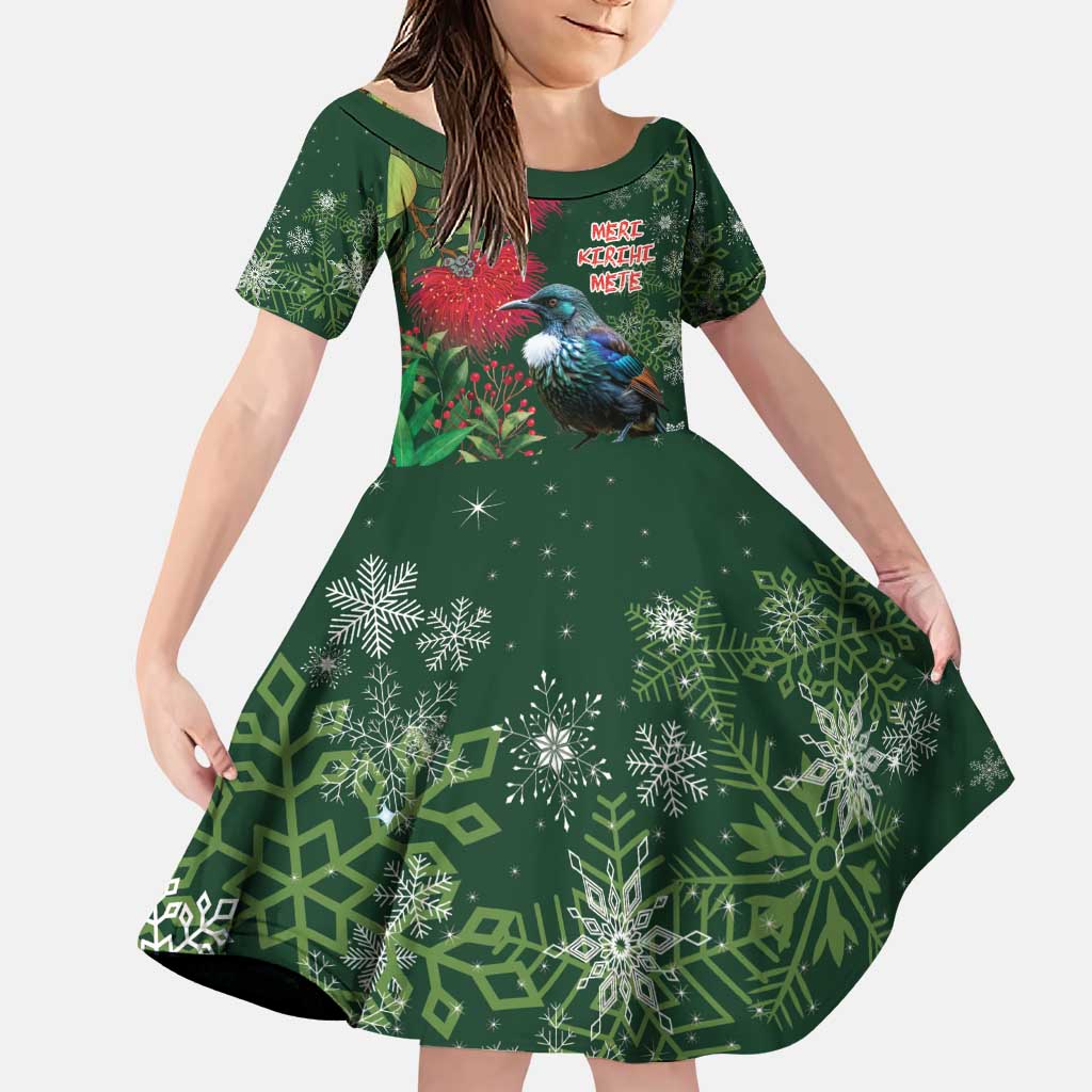 Tui Meri Kirihimete Personalised Family Matching Puletasi and Hawaiian Shirt Pohutukawa Flowers Green Motif LT9 Daughter's Dress Green - Polynesian Pride