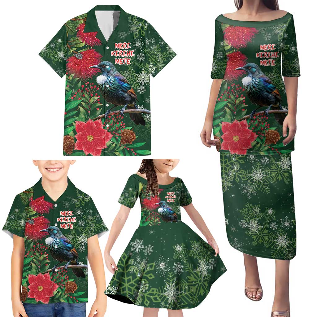 Tui Meri Kirihimete Personalised Family Matching Puletasi and Hawaiian Shirt Pohutukawa Flowers Green Motif LT9 - Polynesian Pride
