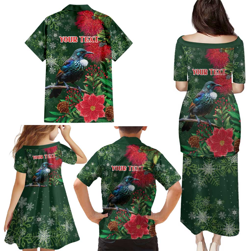 Tui Meri Kirihimete Personalised Family Matching Puletasi and Hawaiian Shirt Pohutukawa Flowers Green Motif LT9 - Polynesian Pride