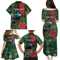 Tui Meri Kirihimete Personalised Family Matching Puletasi and Hawaiian Shirt Pohutukawa Flowers Green Motif LT9 - Polynesian Pride