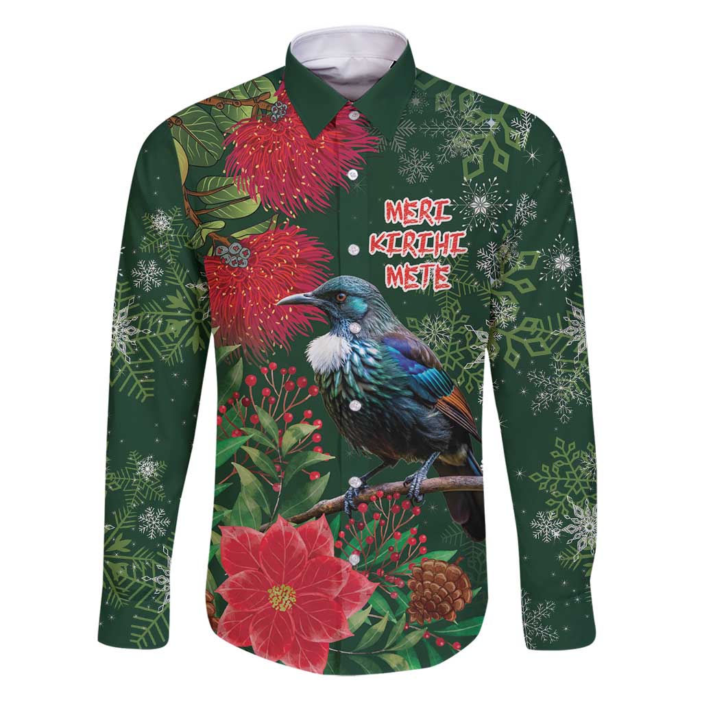 Tui Meri Kirihimete Personalised Family Matching Puletasi and Hawaiian Shirt Pohutukawa Flowers Green Motif LT9 Dad's Shirt - Long Sleeve Green - Polynesian Pride