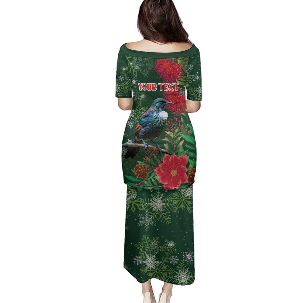 Tui Meri Kirihimete Personalised Family Matching Puletasi and Hawaiian Shirt Pohutukawa Flowers Green Motif LT9 - Polynesian Pride