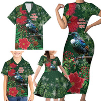 Tui Meri Kirihimete Personalised Family Matching Short Sleeve Bodycon Dress and Hawaiian Shirt Pohutukawa Flowers Green Motif LT9 - Polynesian Pride