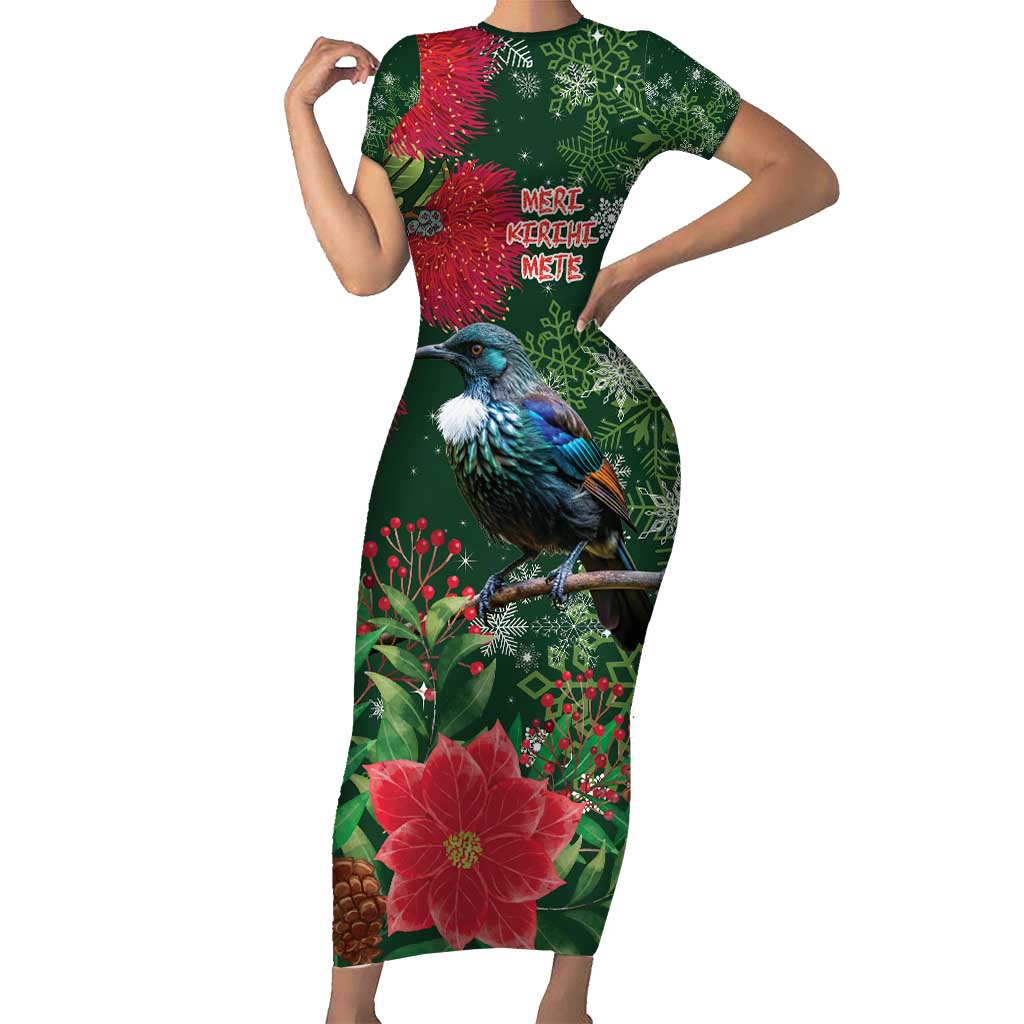 Tui Meri Kirihimete Personalised Family Matching Short Sleeve Bodycon Dress and Hawaiian Shirt Pohutukawa Flowers Green Motif LT9 Mom's Dress Green - Polynesian Pride