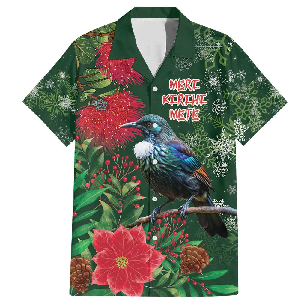 Tui Meri Kirihimete Personalised Family Matching Summer Maxi Dress and Hawaiian Shirt Pohutukawa Flowers Green Motif LT9 Dad's Shirt - Short Sleeve Green - Polynesian Pride