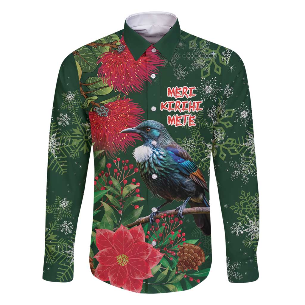 Tui Meri Kirihimete Personalised Family Matching Summer Maxi Dress and Hawaiian Shirt Pohutukawa Flowers Green Motif LT9 Dad's Shirt - Long Sleeve Green - Polynesian Pride