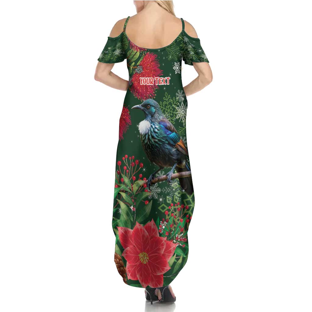 Tui Meri Kirihimete Personalised Family Matching Summer Maxi Dress and Hawaiian Shirt Pohutukawa Flowers Green Motif LT9 - Polynesian Pride