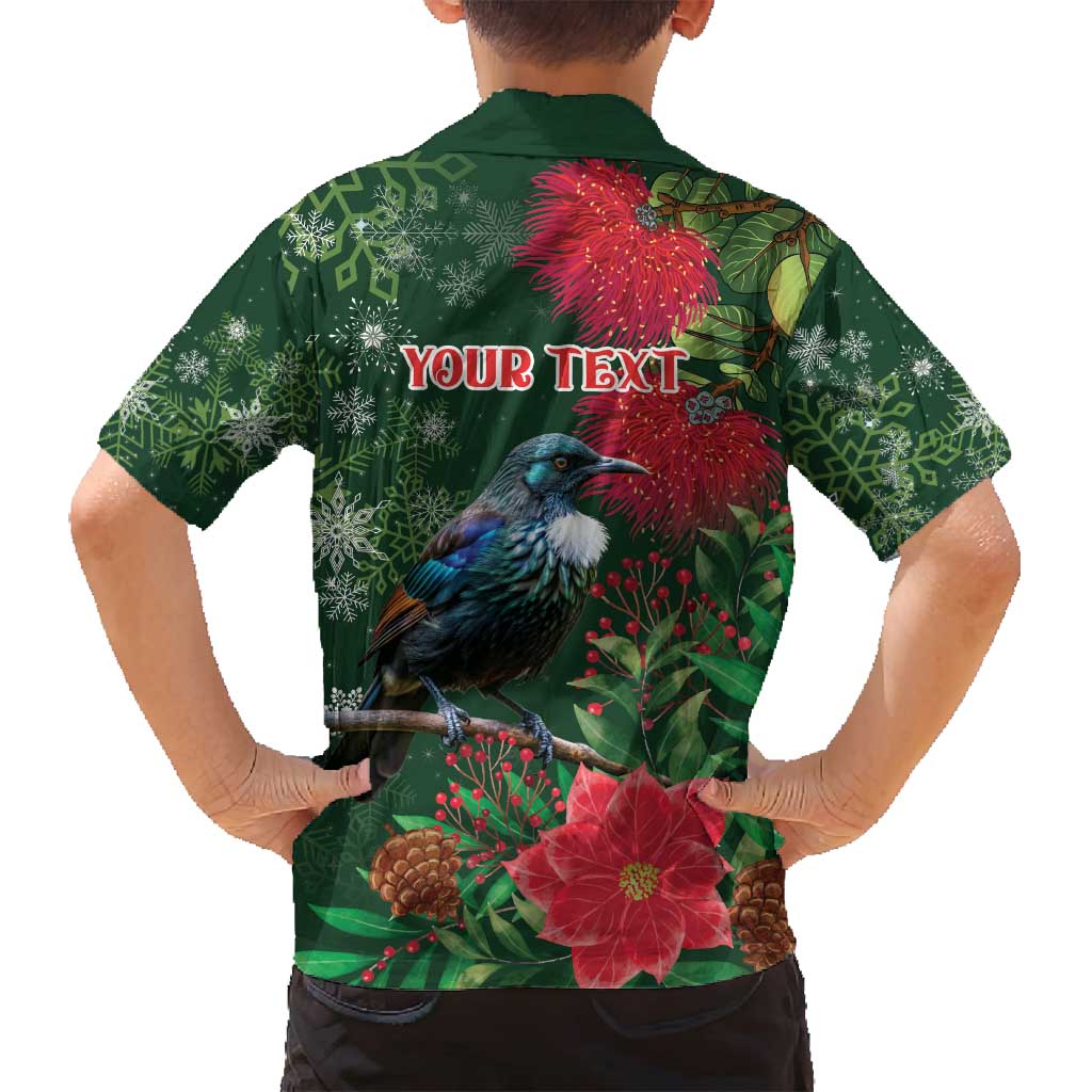 Tui Meri Kirihimete Personalised Family Matching Tank Maxi Dress and Hawaiian Shirt Pohutukawa Flowers Green Motif LT9 - Polynesian Pride