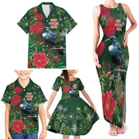 Tui Meri Kirihimete Personalised Family Matching Tank Maxi Dress and Hawaiian Shirt Pohutukawa Flowers Green Motif LT9 - Polynesian Pride