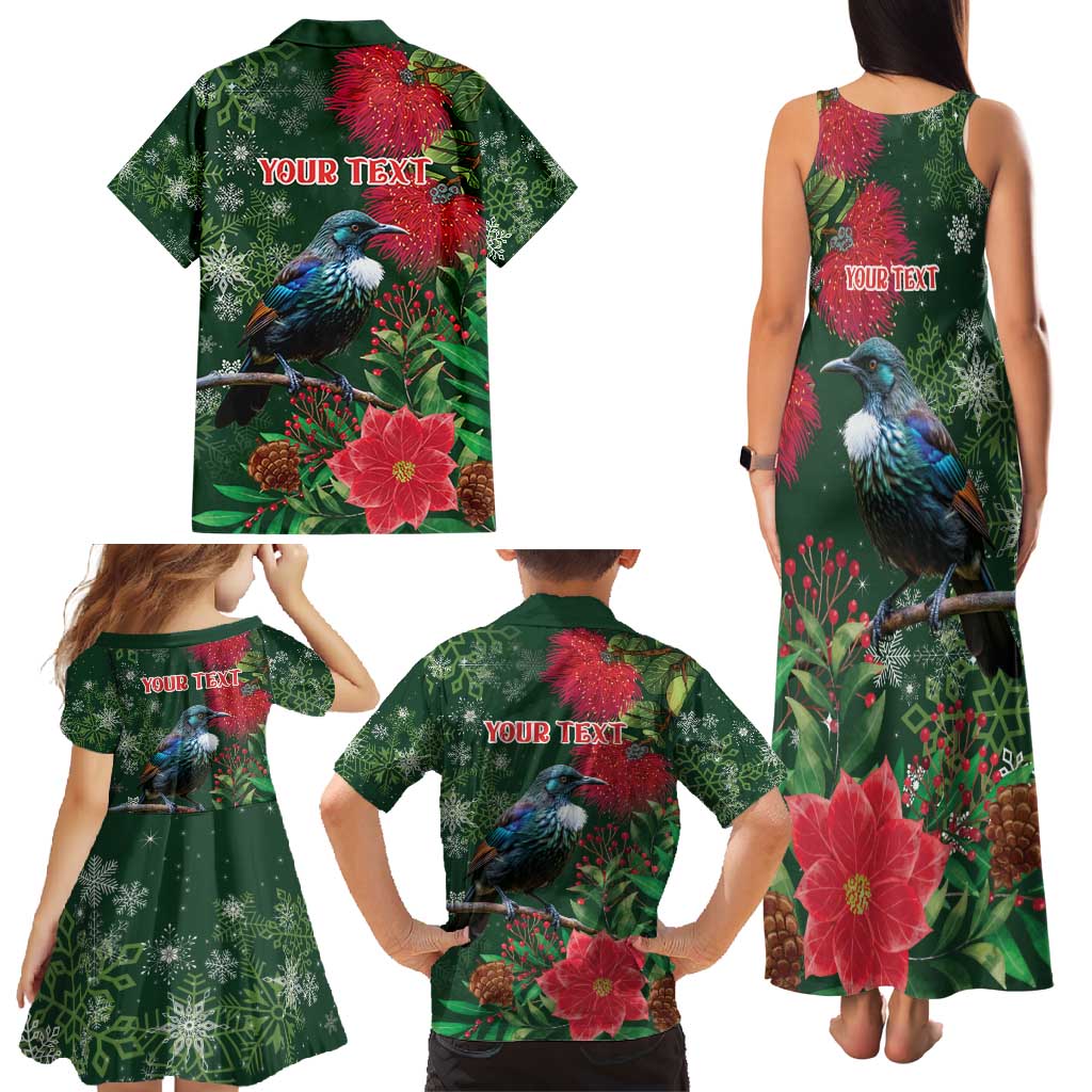 Tui Meri Kirihimete Personalised Family Matching Tank Maxi Dress and Hawaiian Shirt Pohutukawa Flowers Green Motif LT9 - Polynesian Pride