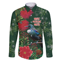 Tui Meri Kirihimete Personalised Family Matching Tank Maxi Dress and Hawaiian Shirt Pohutukawa Flowers Green Motif LT9 Dad's Shirt - Long Sleeve Green - Polynesian Pride