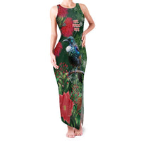 Tui Meri Kirihimete Personalised Family Matching Tank Maxi Dress and Hawaiian Shirt Pohutukawa Flowers Green Motif LT9 Mom's Dress Green - Polynesian Pride