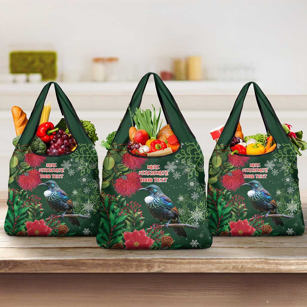 Tui Meri Kirihimete Personalised Grocery Bag Pohutukawa Flowers Green Motif - Polynesian Pride