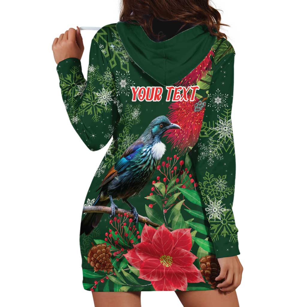 Tui Meri Kirihimete Personalised Hoodie Dress Pohutukawa Flowers Green Motif LT9 - Polynesian Pride
