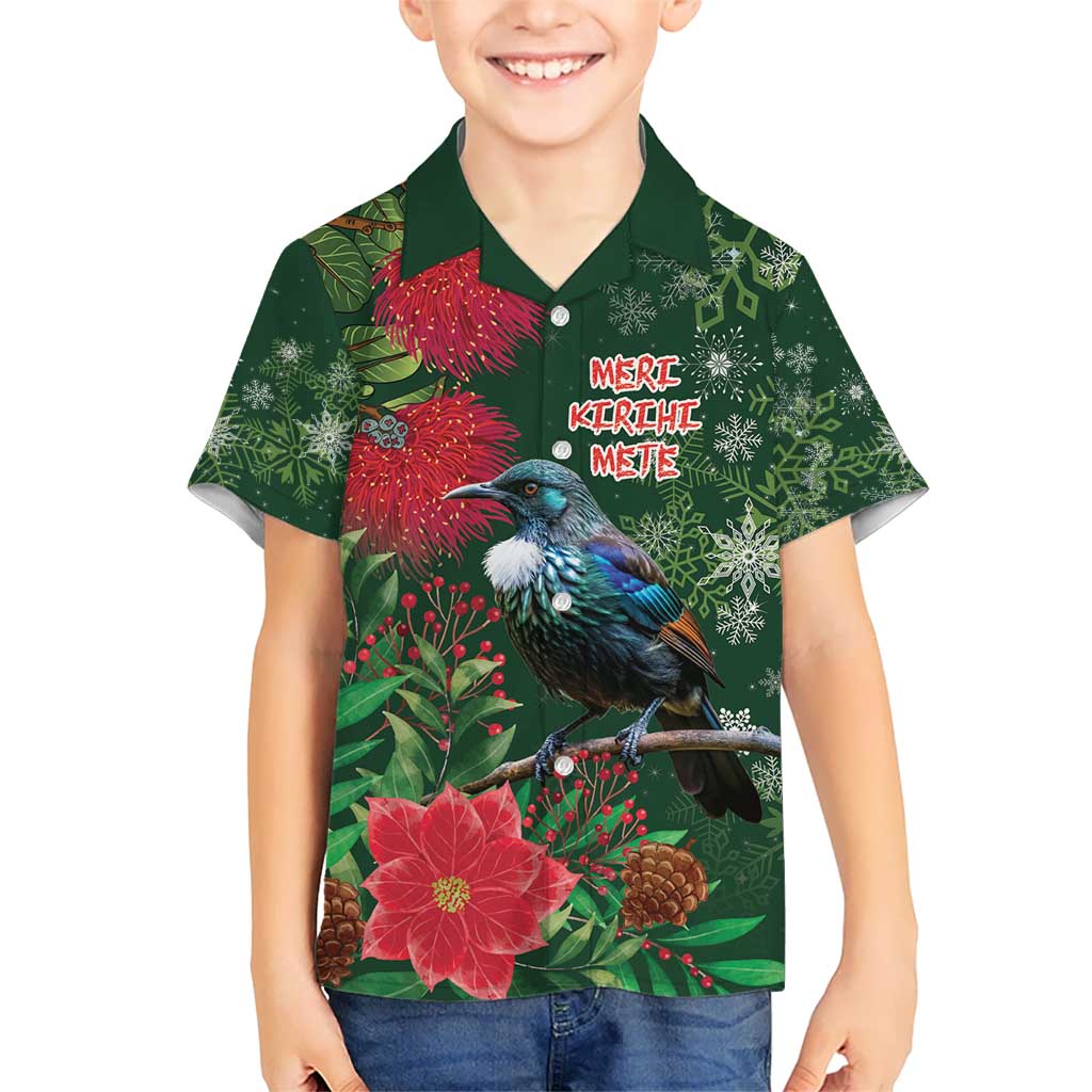 Tui Meri Kirihimete Personalised Kid Hawaiian Shirt Pohutukawa Flowers Green Motif - Polynesian Pride