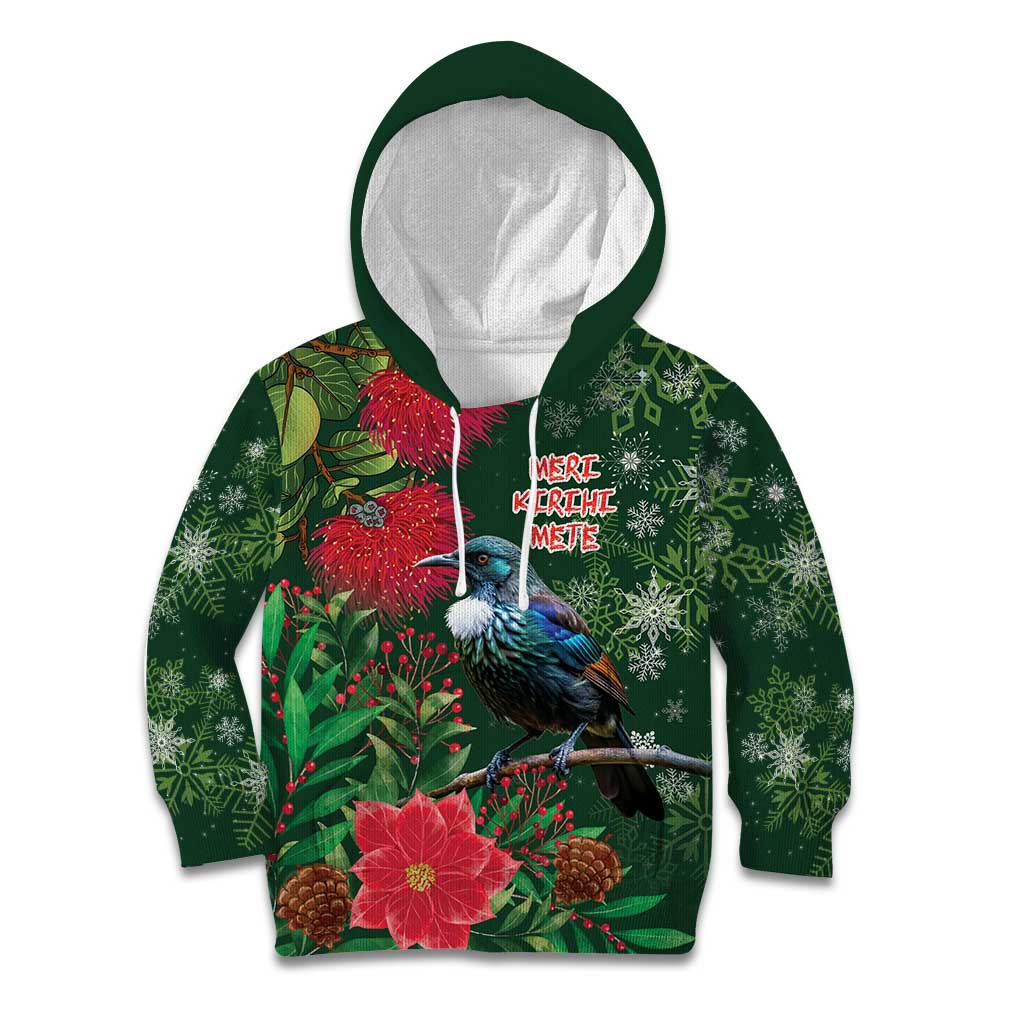 Tui Meri Kirihimete Personalised Kid Hoodie Pohutukawa Flowers Green Motif LT9 Hoodie Green - Polynesian Pride