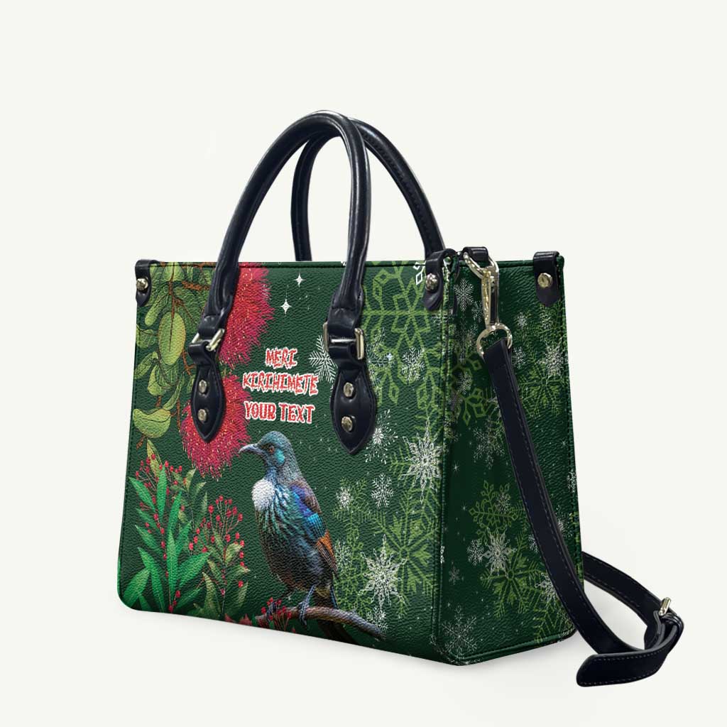 Tui Meri Kirihimete Personalised Leather Bag Pohutukawa Flowers Green Motif LT9 Green - Polynesian Pride