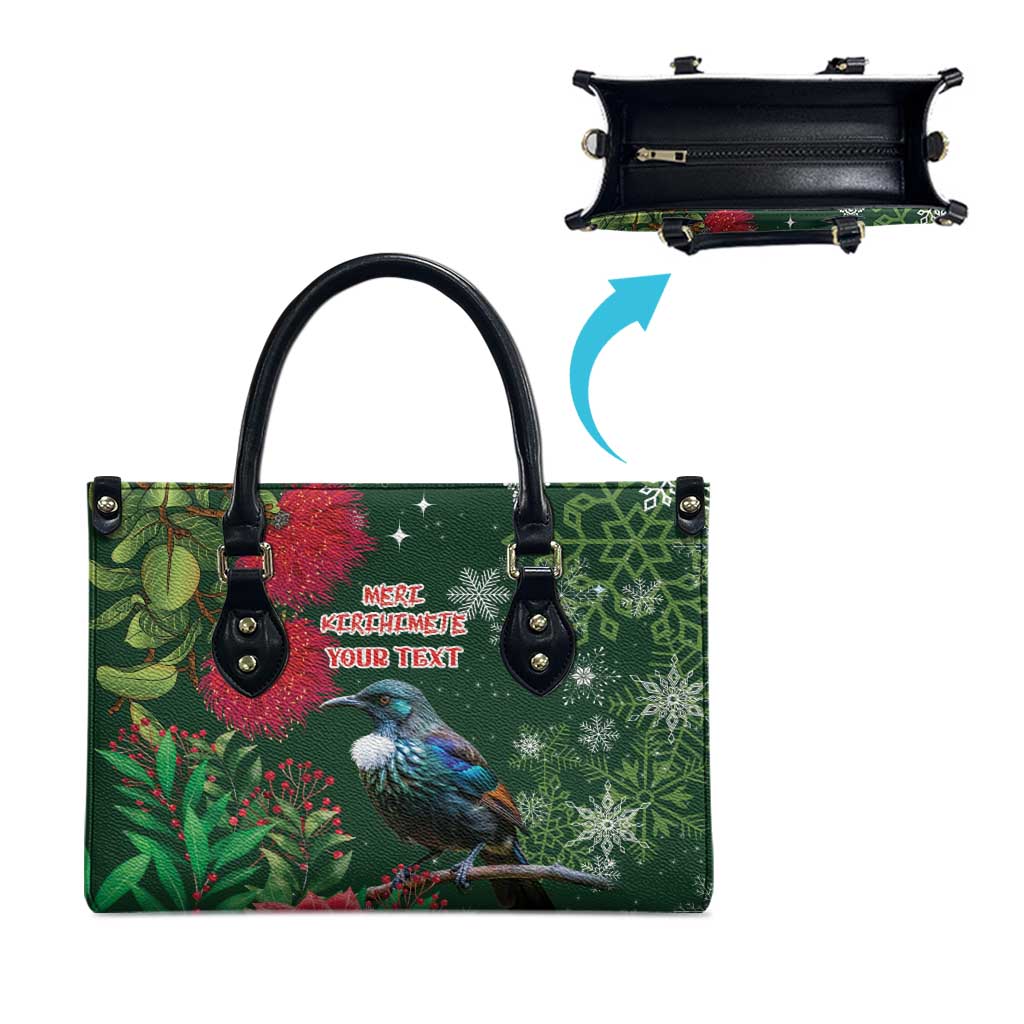Tui Meri Kirihimete Personalised Leather Bag Pohutukawa Flowers Green Motif LT9 - Polynesian Pride