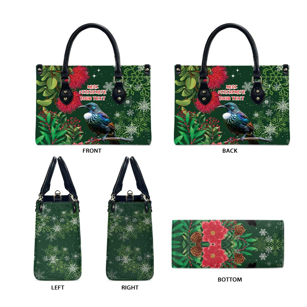 Tui Meri Kirihimete Personalised Leather Bag Pohutukawa Flowers Green Motif LT9 - Polynesian Pride