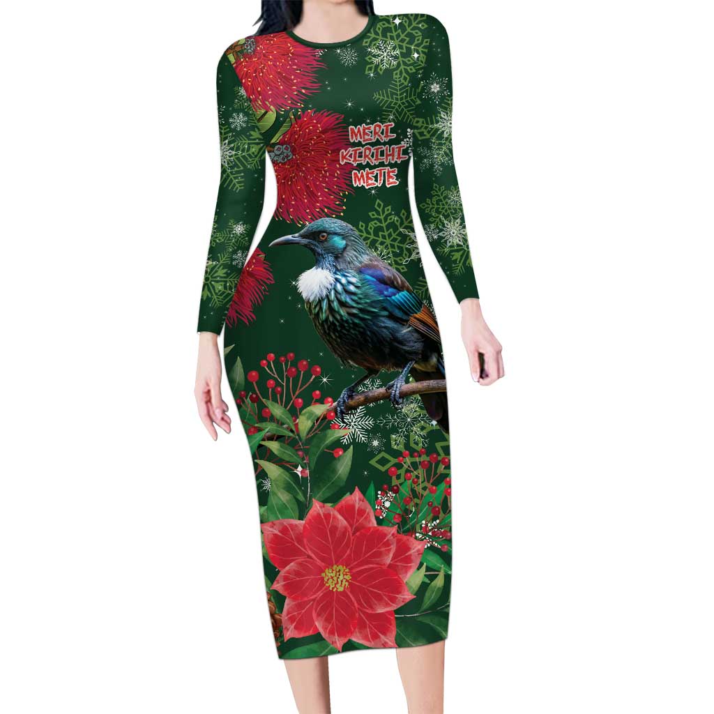 Tui Meri Kirihimete Personalised Long Sleeve Bodycon Dress Pohutukawa Flowers Green Motif LT9 Long Dress Green - Polynesian Pride