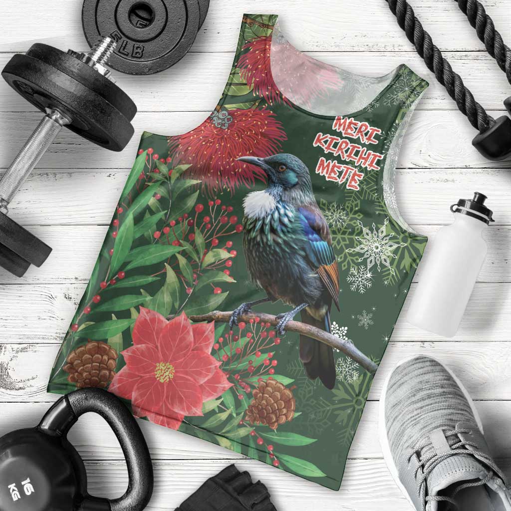 Tui Meri Kirihimete Personalised Men Tank Top Pohutukawa Flowers Green Motif - Polynesian Pride
