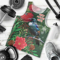 Tui Meri Kirihimete Personalised Men Tank Top Pohutukawa Flowers Green Motif - Polynesian Pride
