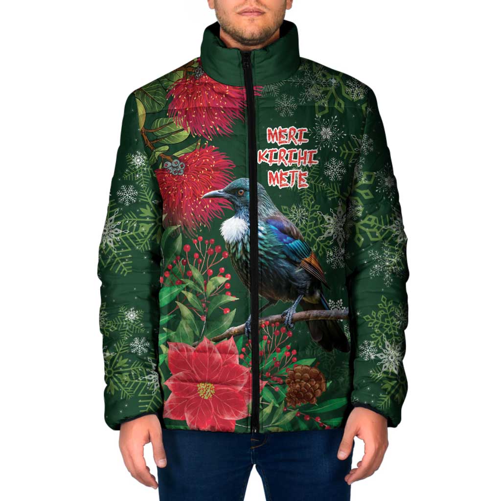 Tui Meri Kirihimete Personalised Padded Jacket Pohutukawa Flowers Green Motif LT9 Men Green - Polynesian Pride