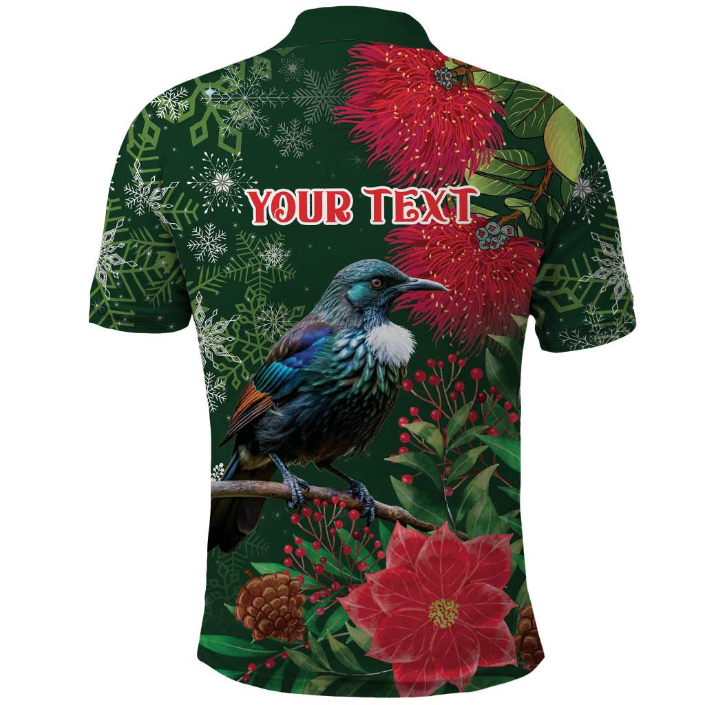 Tui Meri Kirihimete Personalised Polo Shirt Pohutukawa Flowers Green Motif - Polynesian Pride