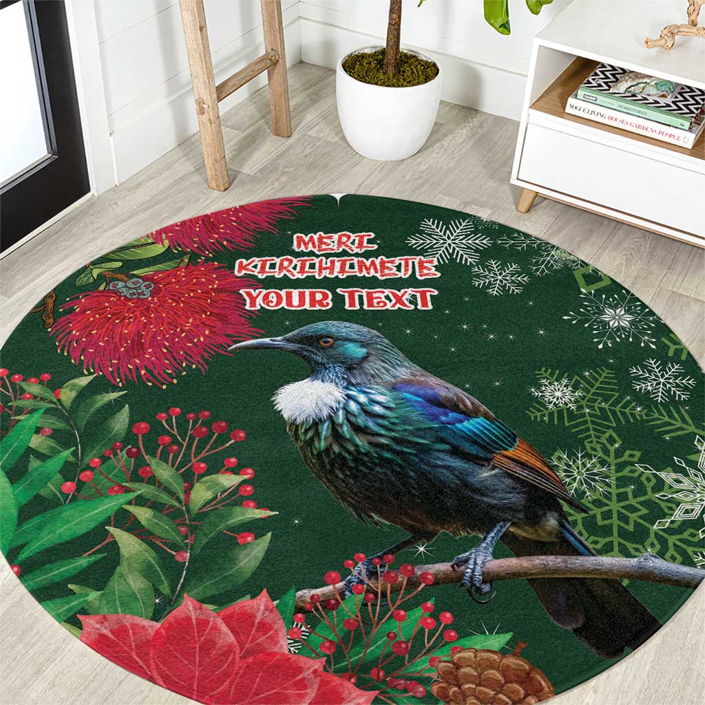 Tui Meri Kirihimete Personalised Round Carpet Pohutukawa Flowers Green Motif LT9 Green - Polynesian Pride