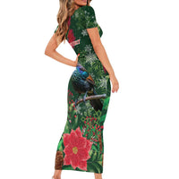 Tui Meri Kirihimete Personalised Short Sleeve Bodycon Dress Pohutukawa Flowers Green Motif LT9 - Polynesian Pride