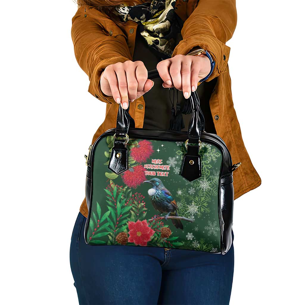 Tui Meri Kirihimete Personalised Shoulder Handbag Pohutukawa Flowers Green Motif LT9 One Size Green - Polynesian Pride